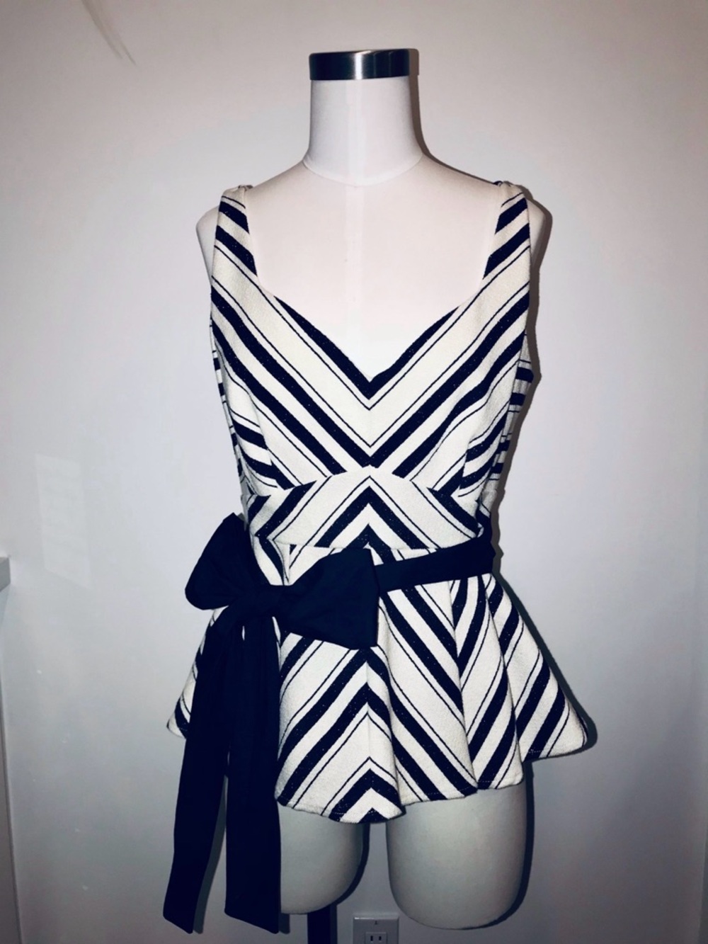 NWT Maeve by Anthropologie Sleeveless Navy/Cream Striped Peplum Tie-Waist Blouse